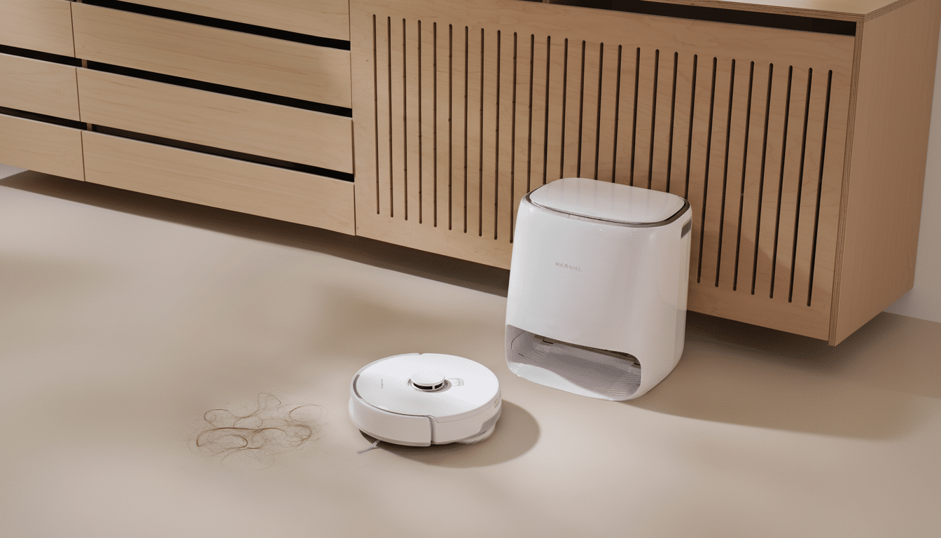A white Narwal robot vacuum and its base station are shown on a light-colored floor next to a pile of hair, with light wood cabinetry in the background.