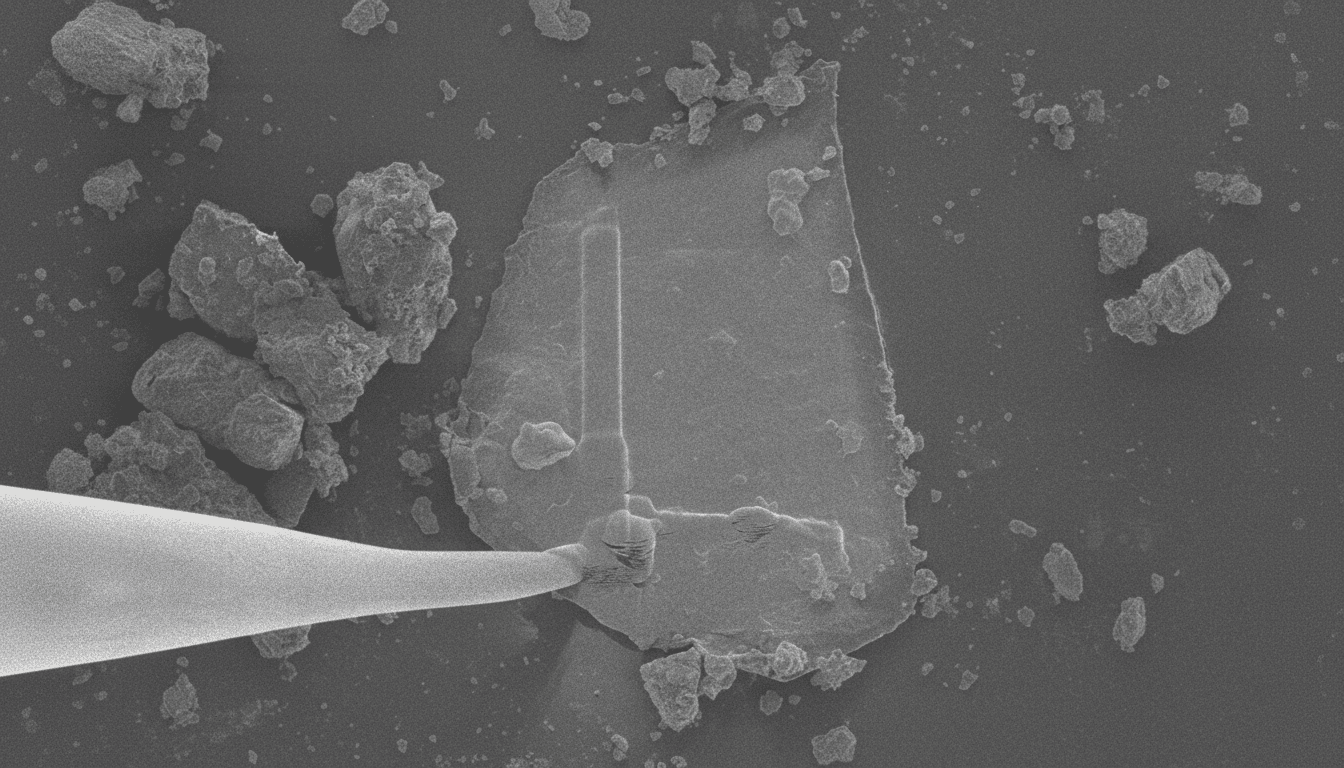 A microscopic image showing a needle-like probe interacting with a flat, irregular particle surrounded by smaller debris, all on a dark, textured surface.