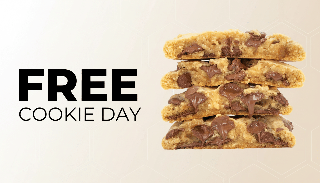 A stack of four chocolate chip cookies next to the text FREE COOKIE DAY on a light background with subtle geometric patterns.