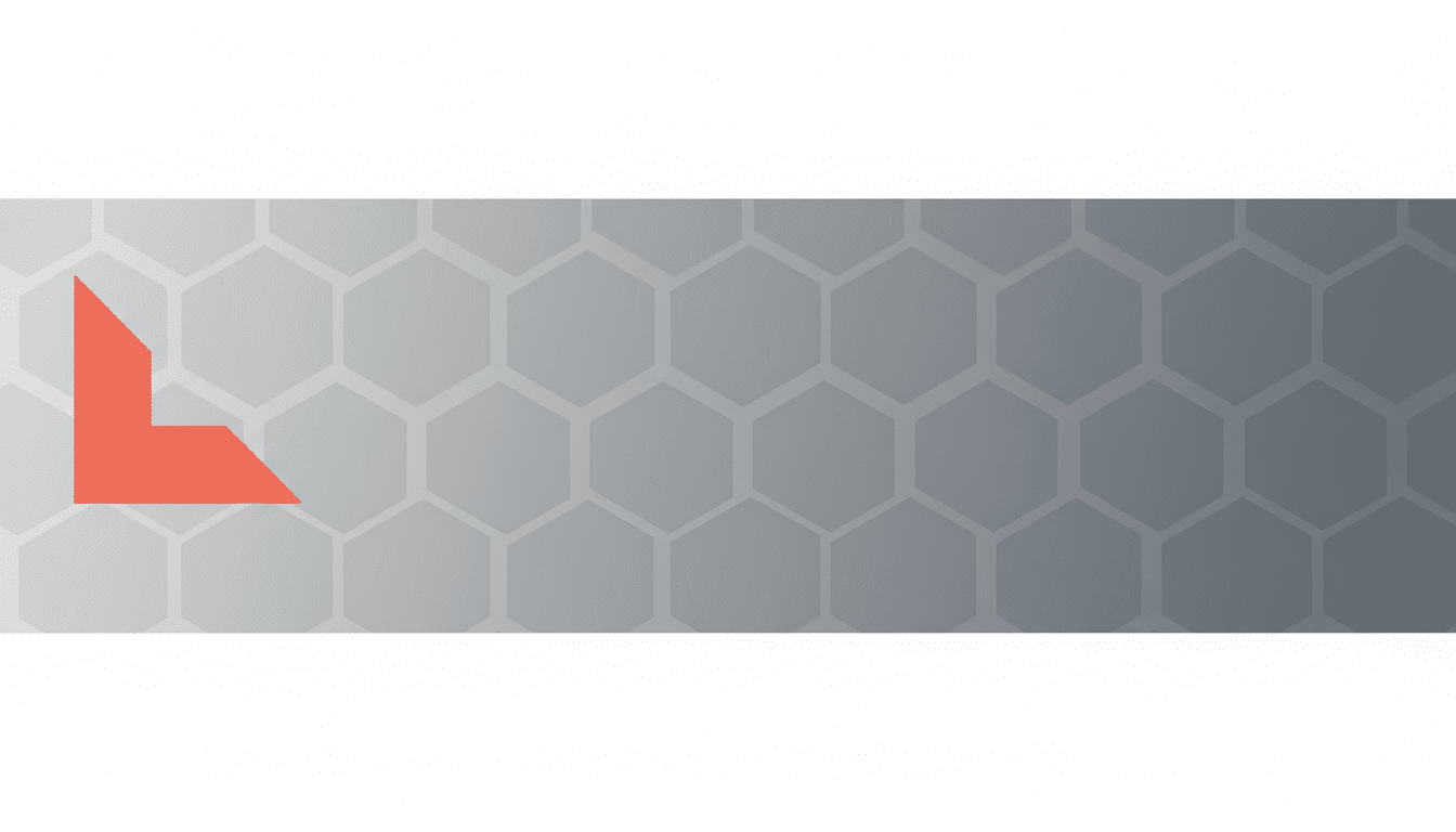 A coral-colored abstract geometric shape resembling an L or a right-angled arrow, positioned on the left side of a professional 16:9 aspect ratio background. The background features a subtle gradient from light to dark gray with a faint hexagonal pattern.