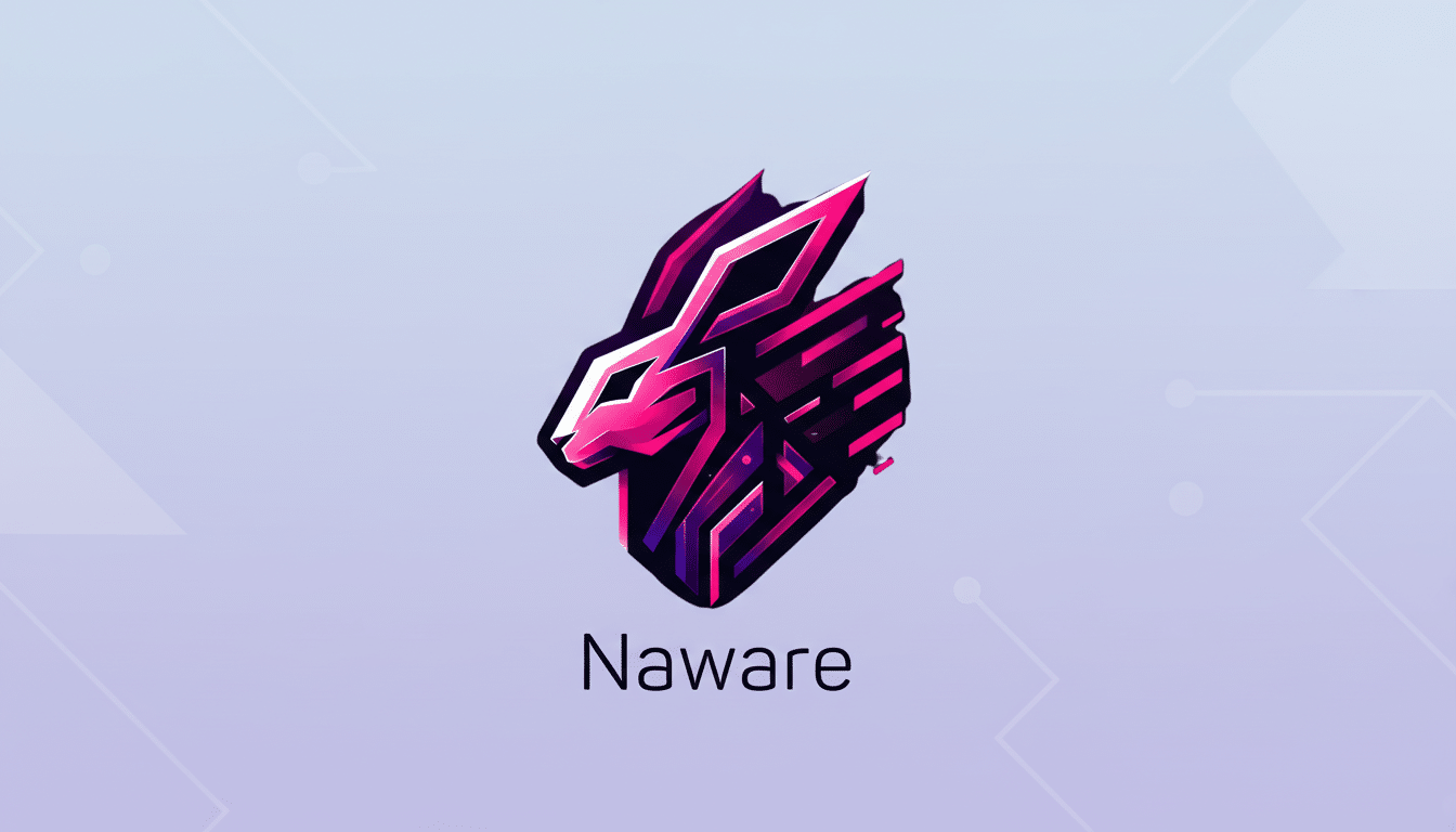 A 16:9 aspect ratio image featuring the Nawware logo, which is a stylized rabbit head in shades of pink and purple, set against a professional flat design background with soft patterns.