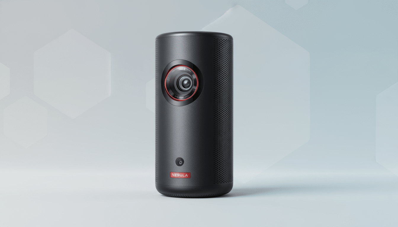 A black Nebula projector with a red ring around its lens and a red NEBULA logo at the bottom, set against a professional light gray background with subtle hexagonal patterns.