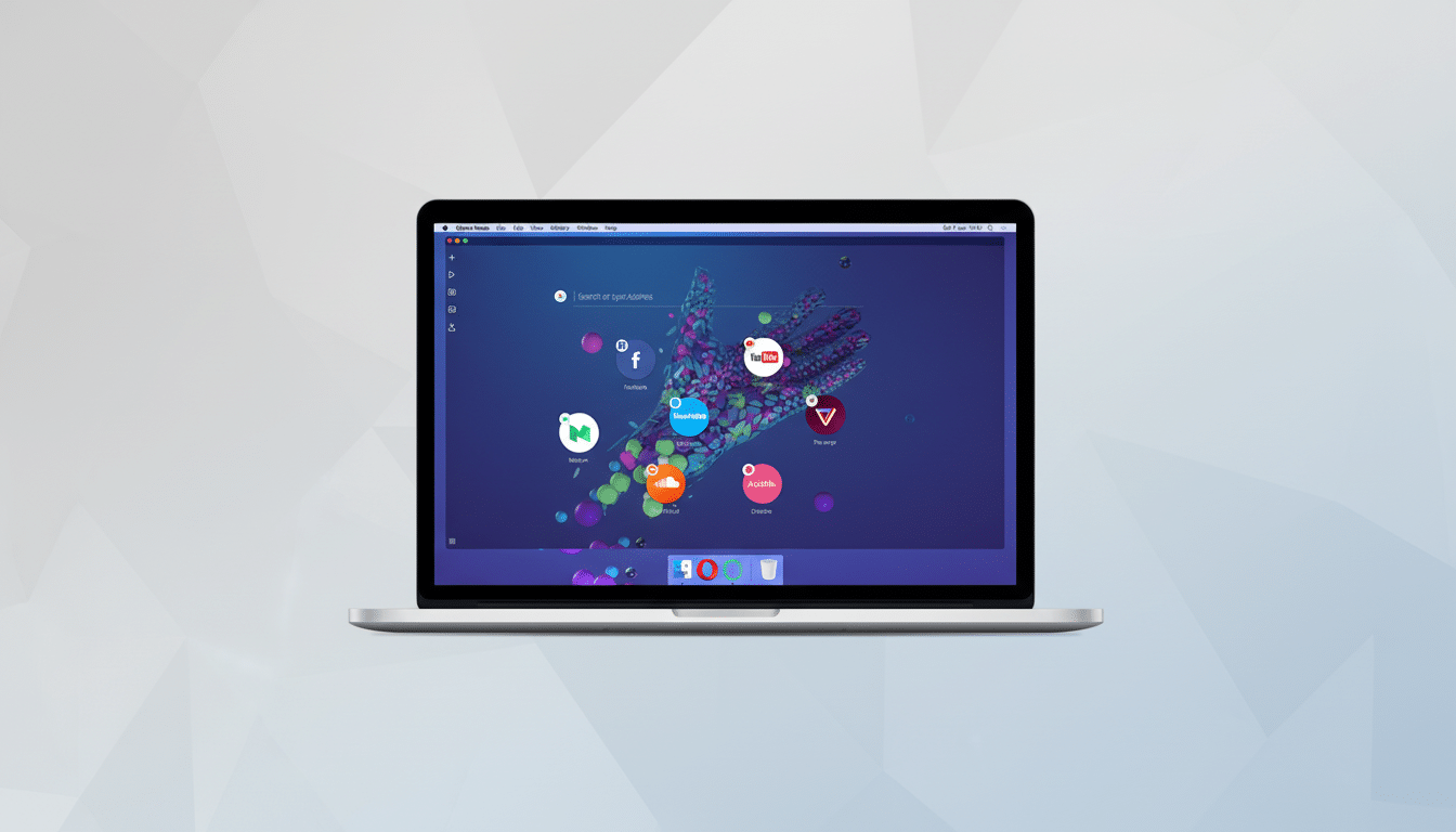 A laptop displaying the Opera Neon browser with a vibrant, abstract background and various social media and content icons. The laptop is set against a professional flat design background with soft patterns and gradients.