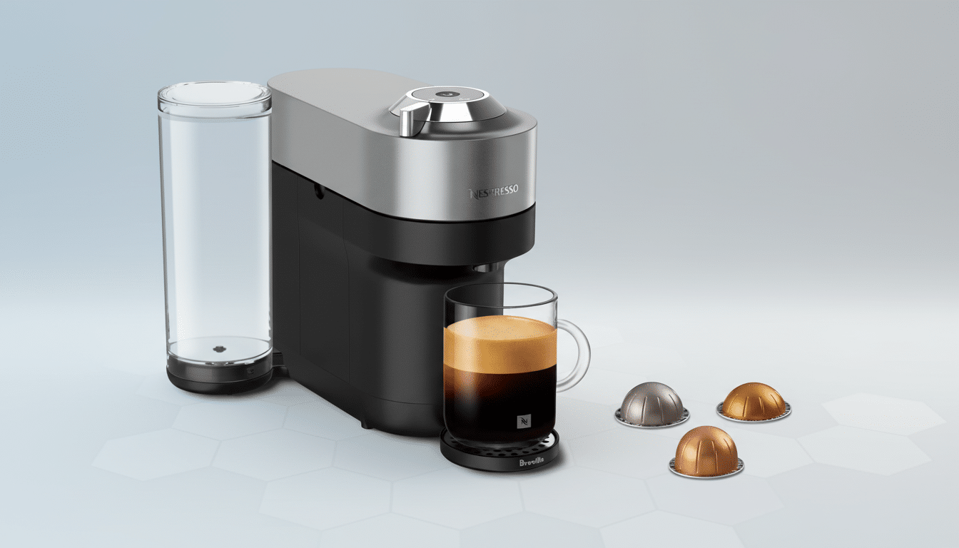 A Nespresso Vertuo coffee machine in black and silver, with a glass mug of coffee and three coffee pods, set against a professional flat design background with soft patterns and gradients.