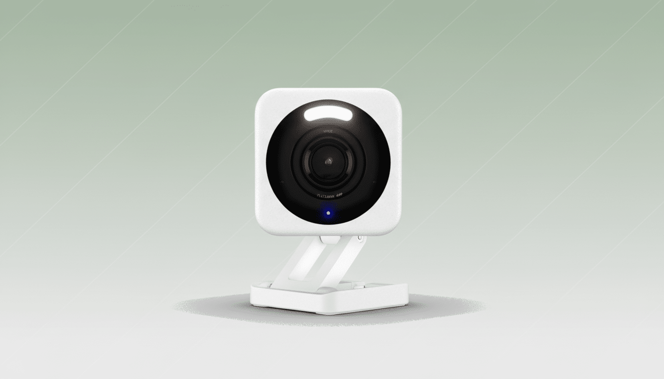 A white Wyze security camera with a black lens and a blue indicator light, set against a professional flat design background with a soft gradient.
