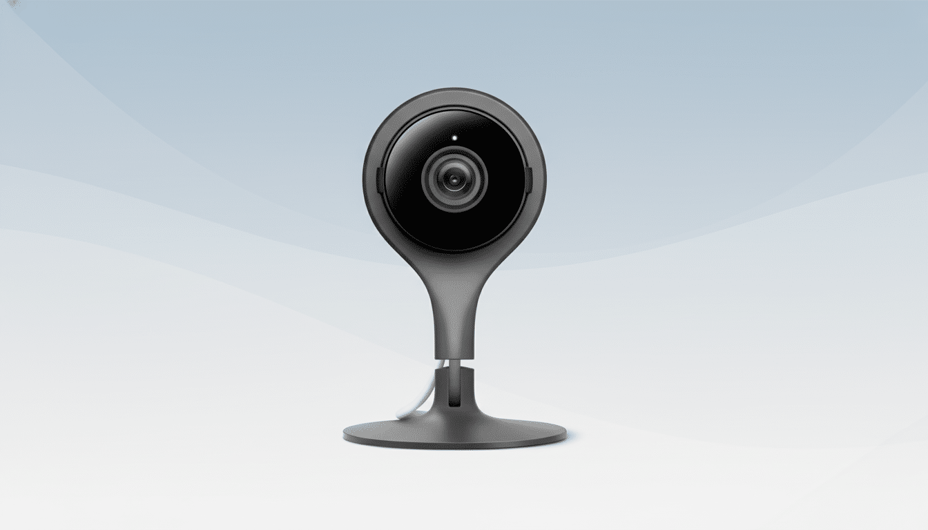 A Nest Cam Indoor security camera with a dark gray body and a black camera face, featuring a small green indicator light, is centered against a professional light blue and white gradient background with subtle wave patterns.