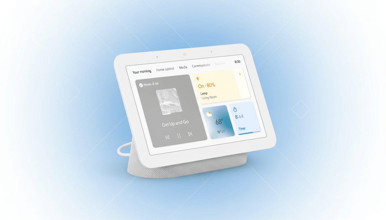 A white Google Nest Hub smart display showing various smart home controls and information, set against a professional blue and white gradient background with subtle geometric patterns.