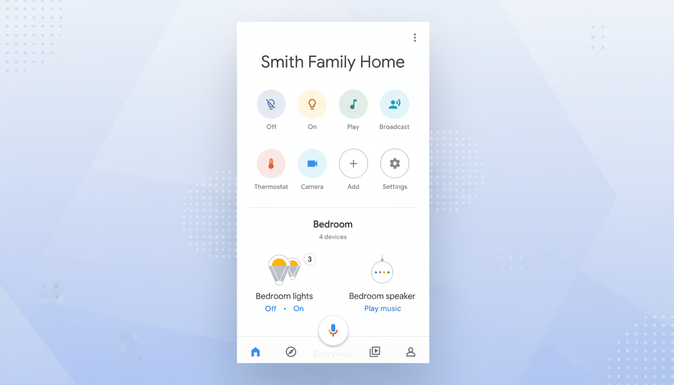 A screenshot of the Google Home app interface, displaying controls for Smith Family Home and a Bedroom section with smart lights and a speaker. The app is centered on a professional flat design background with soft blue and white gradients and subtle geometric patterns.