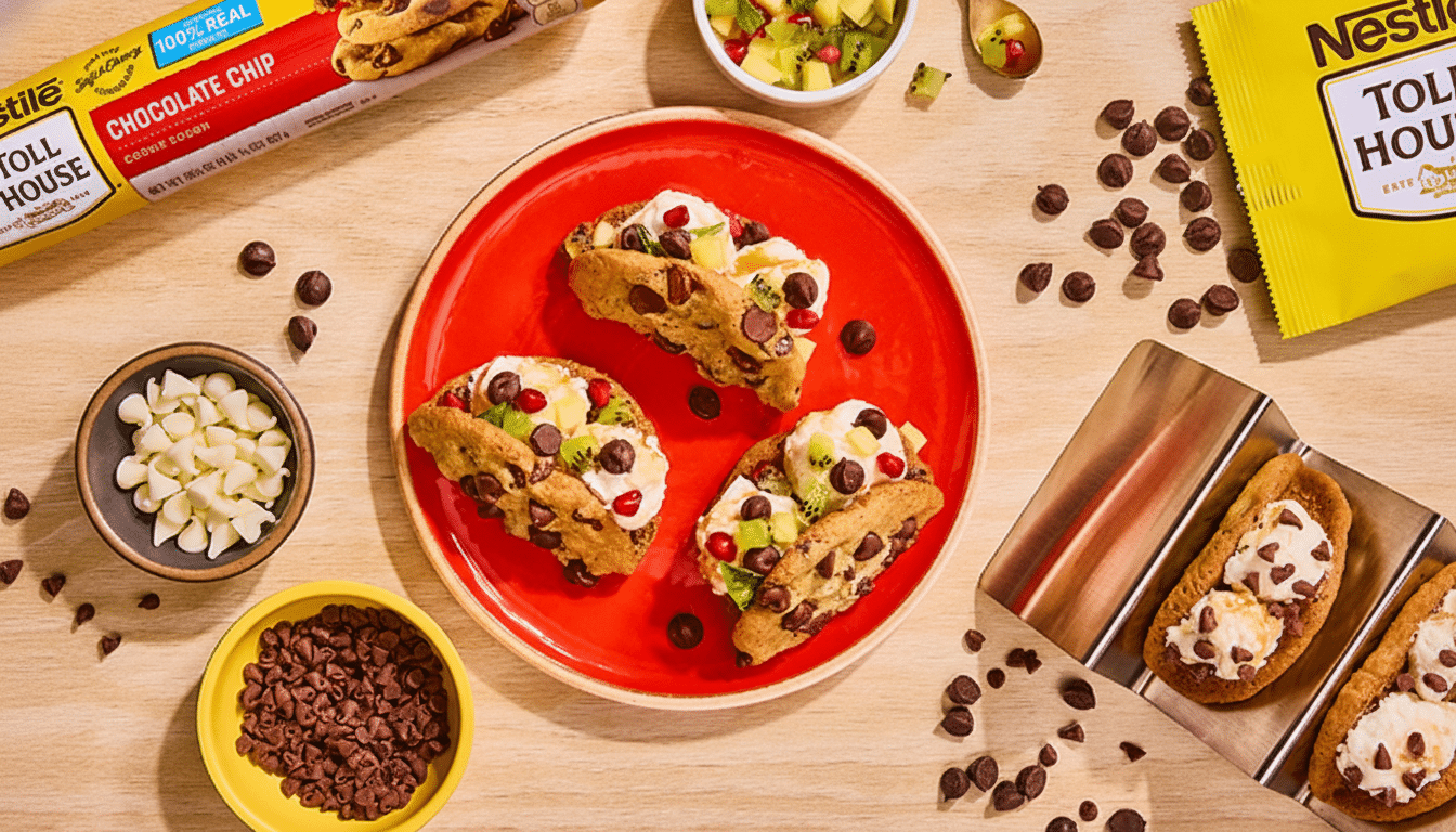 An overhead shot of a wooden table with various chocolate chip cookie ingredients and desserts. In the center, a red plate holds three cookie tacos filled with whipped cream, kiwi, and pomegranate seeds. To the left, bowls of white and milk chocolate chips are visible. To the right, a yellow bag of Nestle Toll House chocolate chips and a metal tray with more cookie tacos are present. A roll of Nestle Toll House chocolate chip cookie dough is at the top.