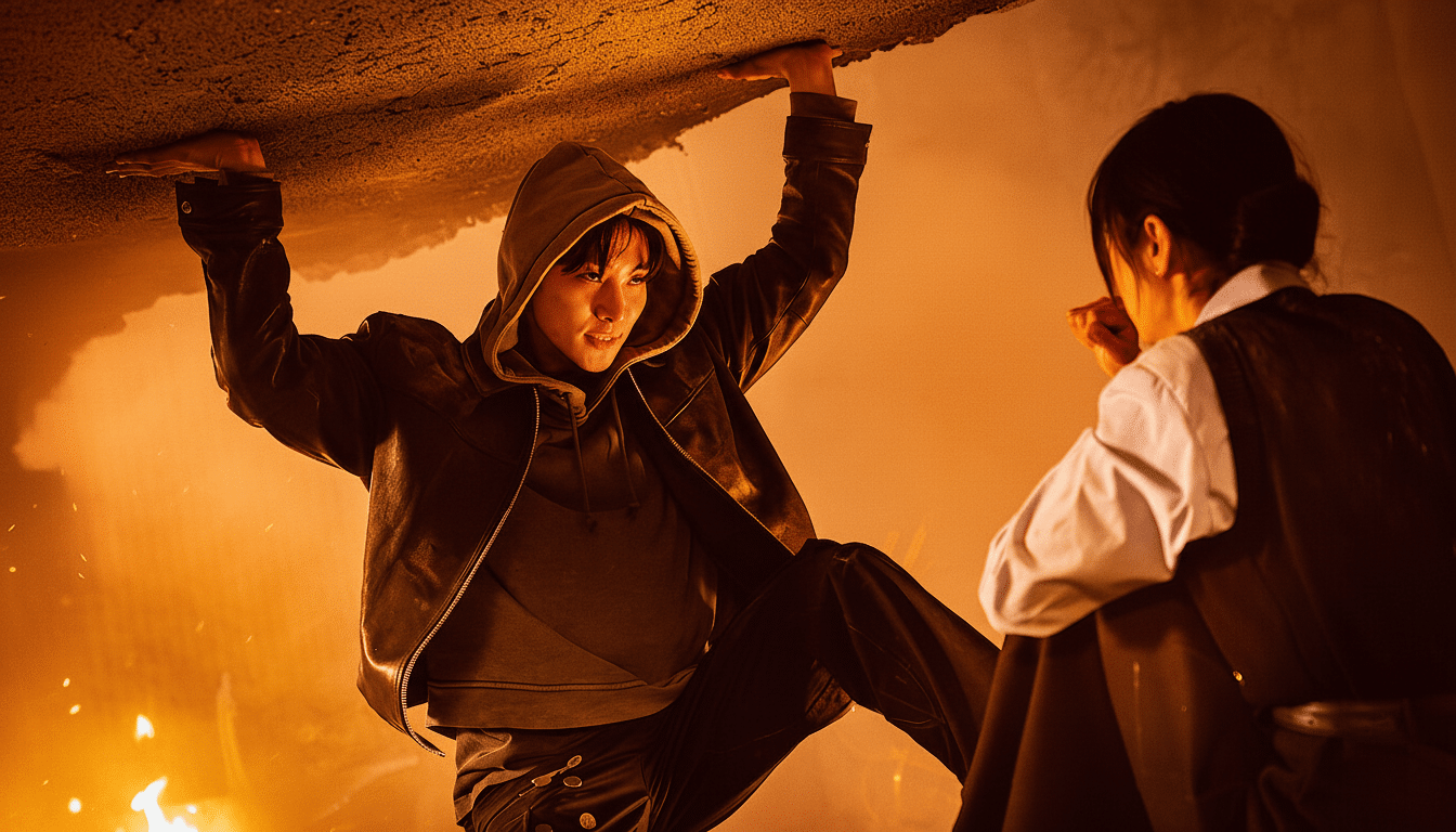 A person in a hooded jacket holds up a heavy slab of concrete, illuminated by a warm, fiery glow, while another person sits opposite them.