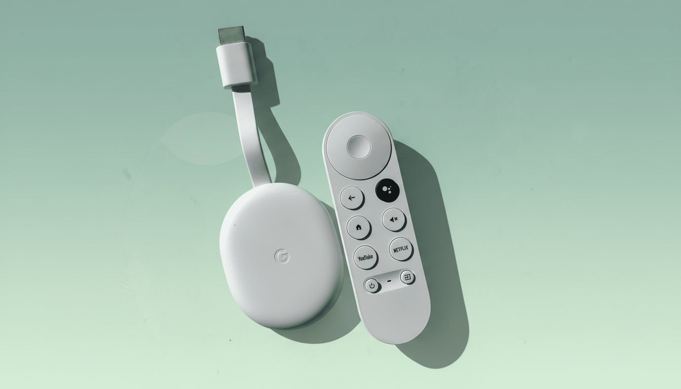 A white Chromecast with Google TV and its remote control are displayed on a professional flat design background with soft patterns and gradients.