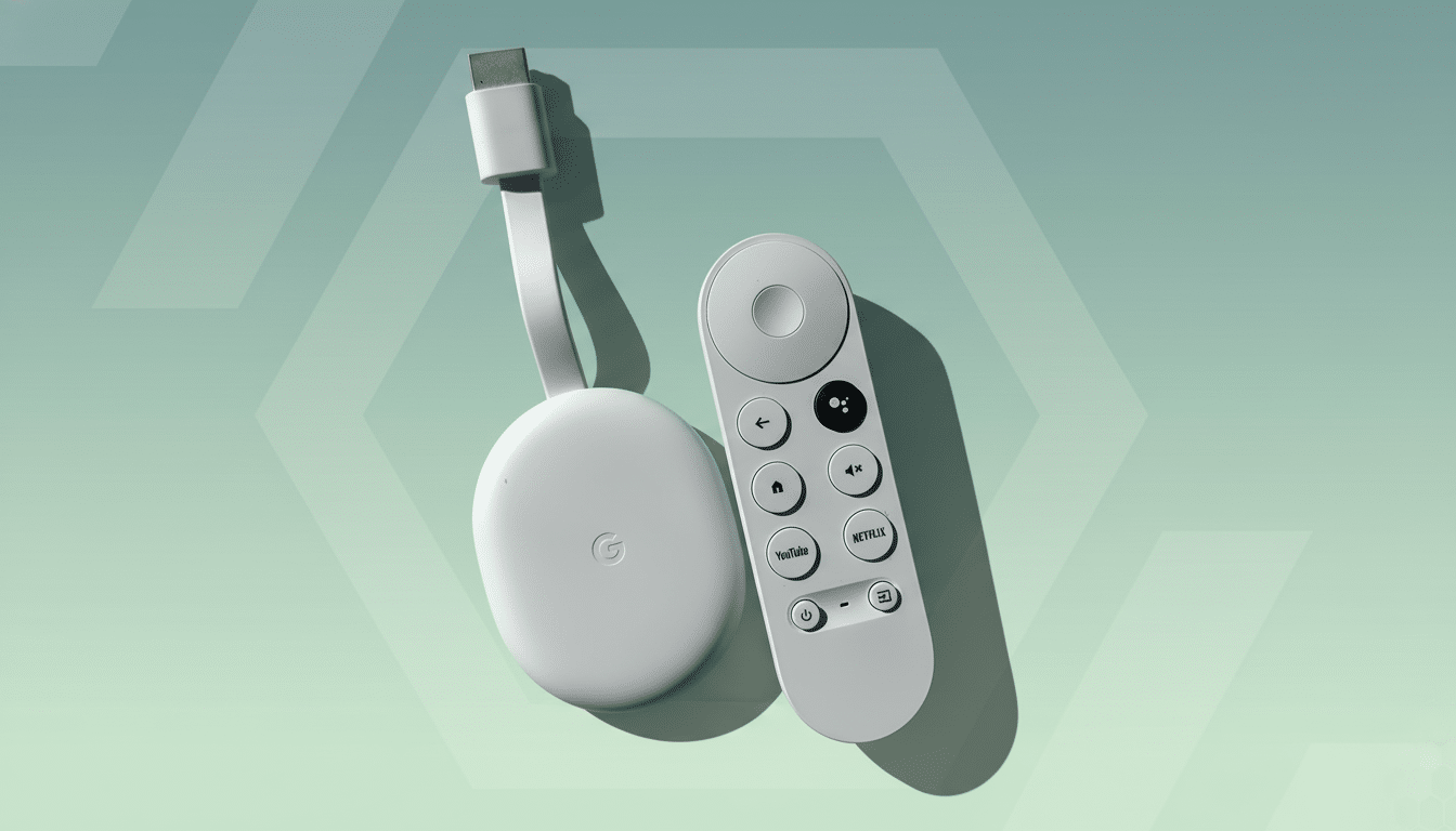 A white Chromecast device and its remote control are displayed on a professional flat design background with soft patterns and gradients.