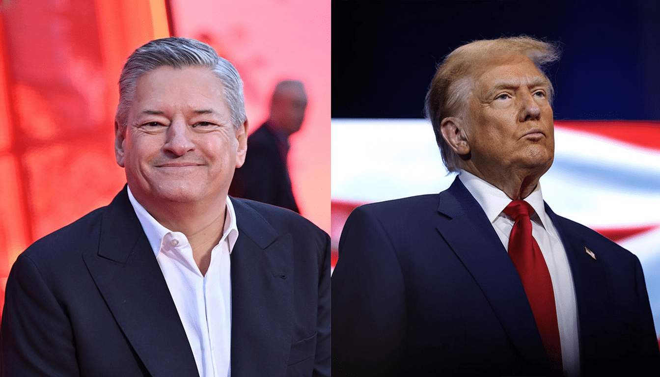 A split image showing two men. On the left, a man with gray hair smiles, wearing a dark suit and white shirt. On the right, a man with blonde hair looks upward, wearing a dark suit and red tie.