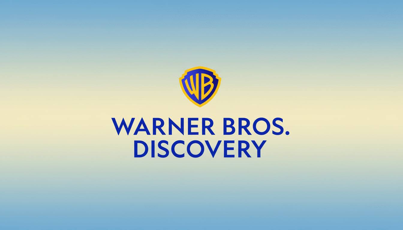 The Warner Bros. Discovery logo, featuring the iconic WB shield in blue and gold, centered above the words WARNER BROS. DISCOVERY in blue text, all set against a soft gradient background of light blue fading to a creamy yellow.