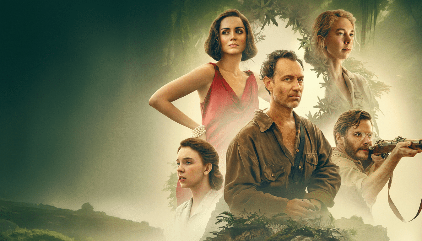 A movie poster featuring five actors, including a woman in a red dress, a man in a brown shirt, and another man holding a rifle, set against a lush, green jungle background.
