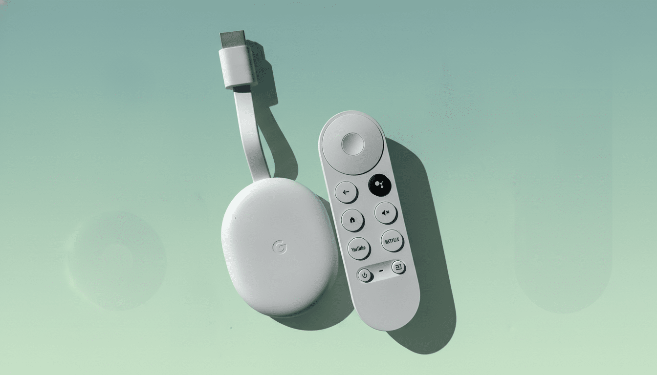 A white Chromecast with Google TV and its remote control are displayed on a professional flat design background with soft patterns and gradients.