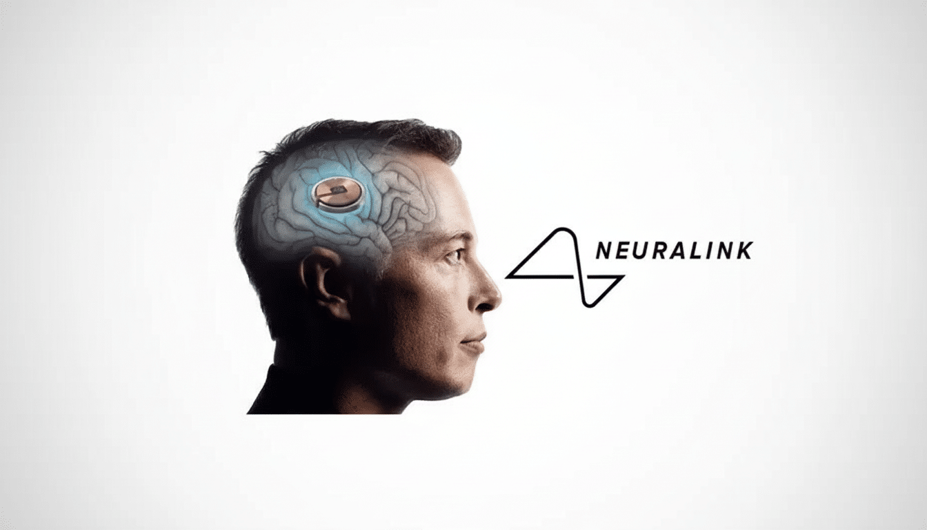 A 16:9 aspect ratio image showing a profile view of Elon Musk with a Neuralink chip implanted in his brain, alongside the Neuralink logo.