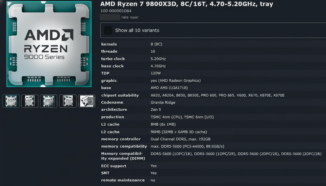 A 16:9 aspect ratio image of an AMD Ryzen 9000 Series CPU and its specifications.