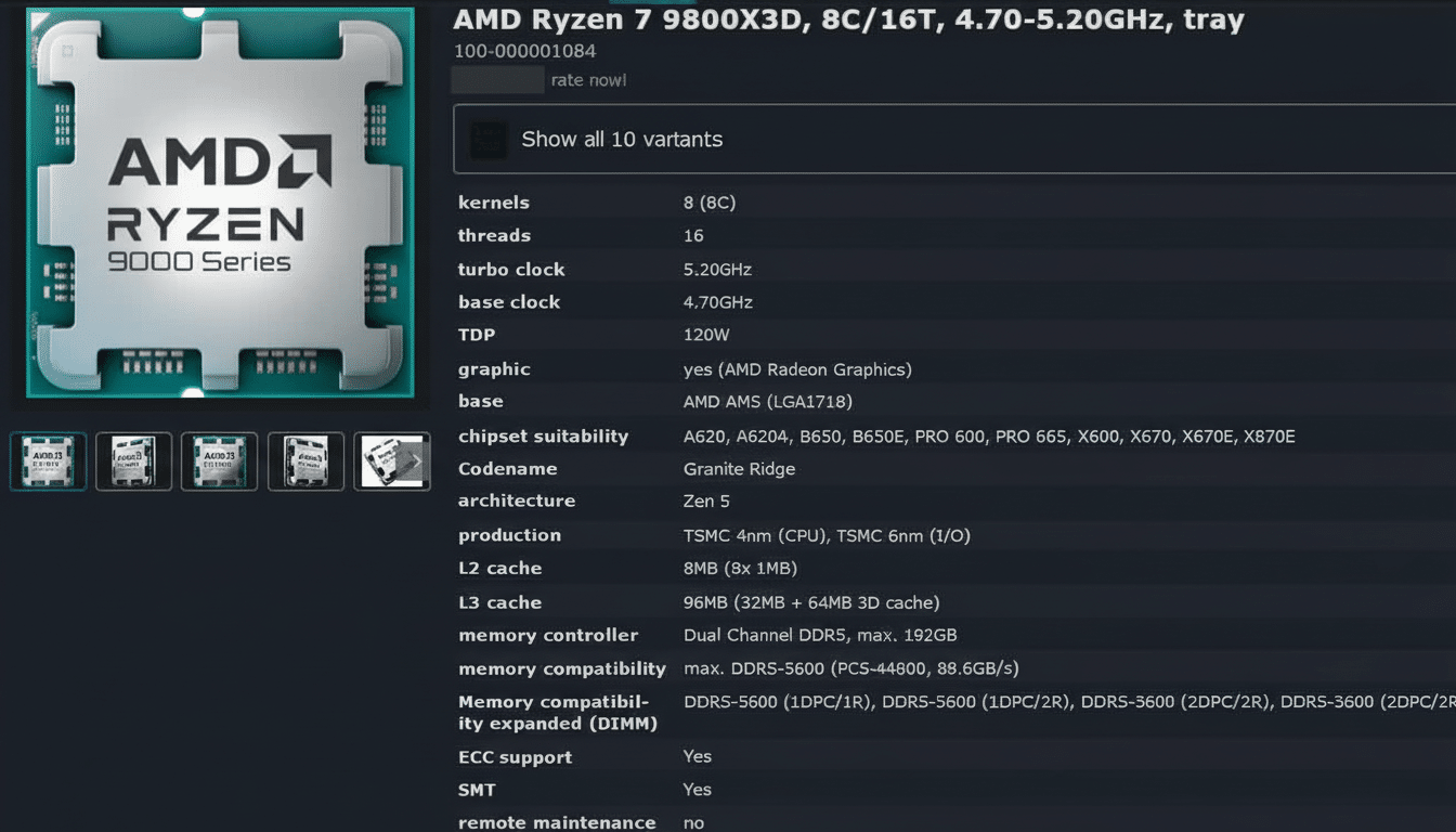 An AMD Ryzen 9000 Series CPU is displayed on the left, with its specifications listed on the right. The CPU is silver and black with the AMD Ryzen 9000 Series logo prominently featured. The specifications include details like kernels, threads, clock speeds, TDP, graphics, chipset compatibility, codename, architecture, production, cache sizes, memory controller, and memory compatibility.