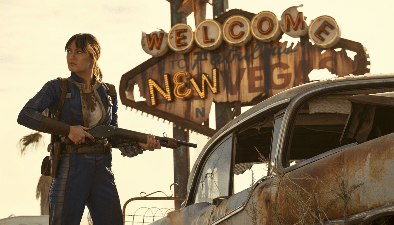 A woman in a blue jumpsuit holding a rifle stands in front of a rusty car and a Welcome to New Vegas sign.