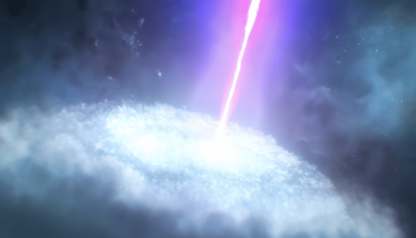 A bright pink beam of light shoots upwards from a swirling white and blue cosmic cloud, set against a dark, cloudy background.