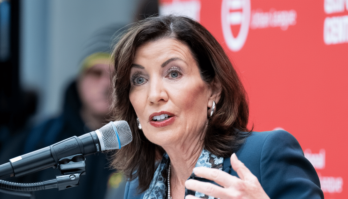 A woman with brown hair and a blue suit speaking into a microphone.