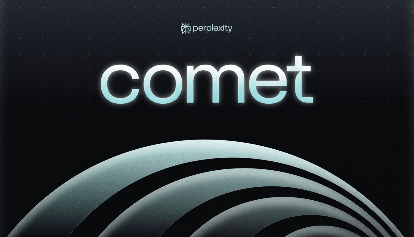 The word comet in a stylized font with a light blue gradient, centered on a dark background with a subtle pattern. Below it, a series of curved, light blue and grey shapes create a wave-like effect. The Perplexity logo is at the top center.