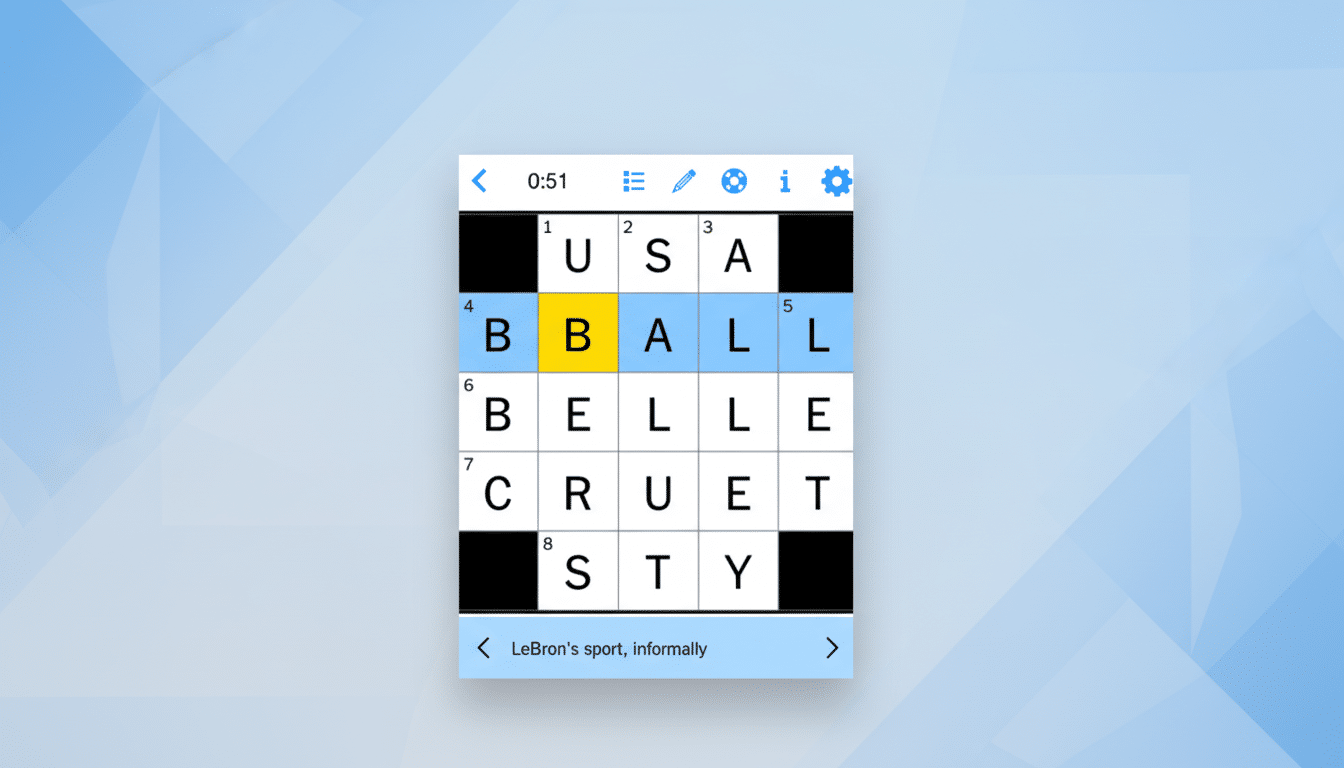 A crossword puzzle game interface with the word BBALL highlighted in yellow and blue, set against a professional light blue geometric background.