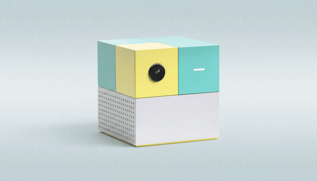 A modular cube-shaped camera in teal, yellow, and white, set against a professional light blue background with a subtle hexagonal pattern.