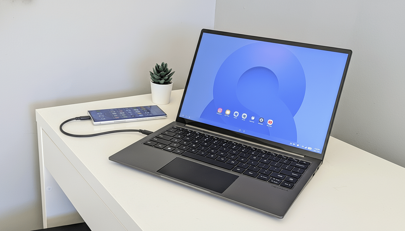 A laptop and a smartphone connected by a cable on a white desk, with a small potted plant in the background.