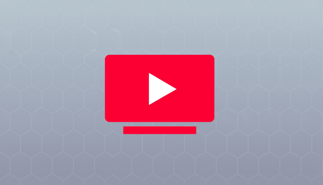 A red YouTube TV icon with a white play button on a gray background with a subtle hexagonal pattern.