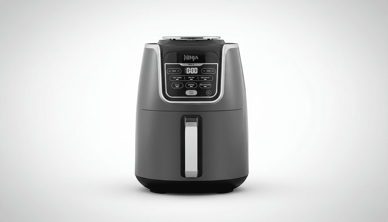 A professional, enhanced image of a Ninja air fryer in a 16:9 aspect ratio, set against a clean, light gray gradient background.