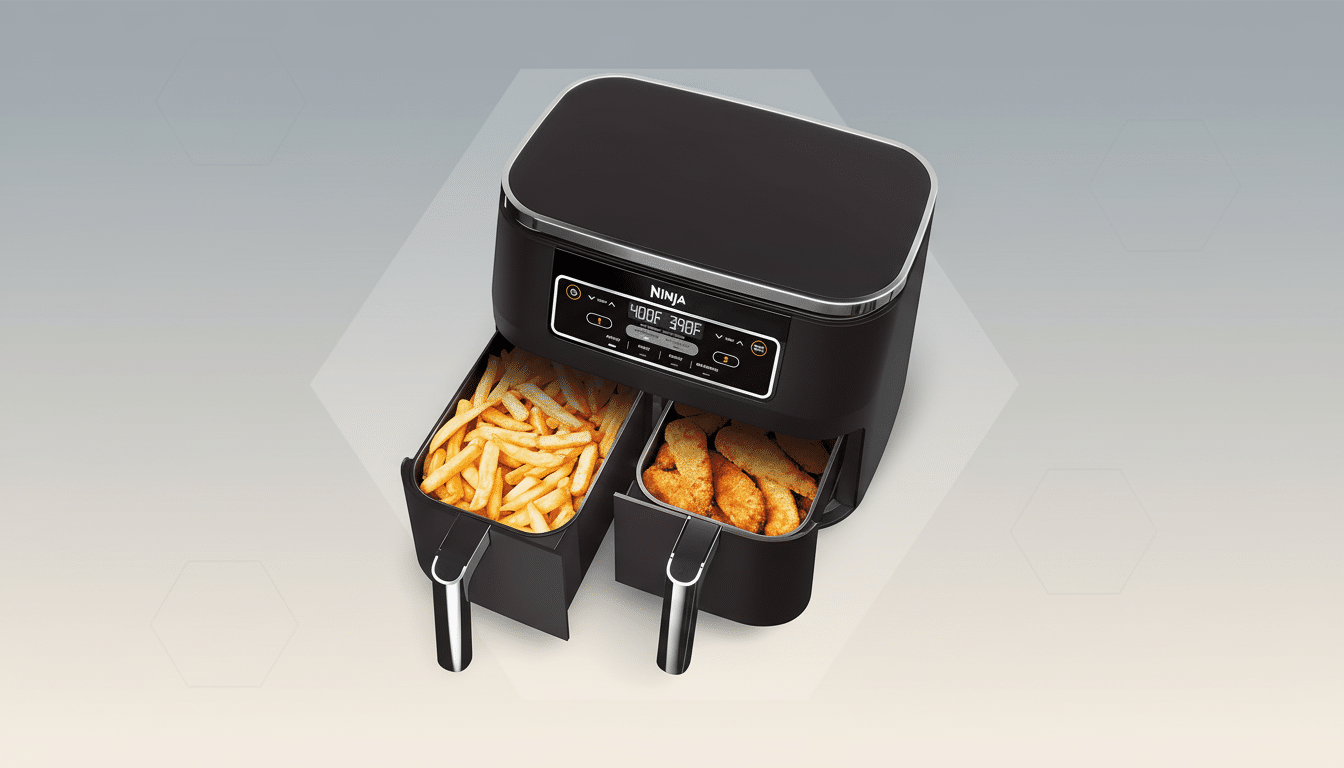 A black Ninja air fryer with two drawers, one filled with french fries and the other with chicken tenders, set against a professional flat design background with soft patterns and gradients.