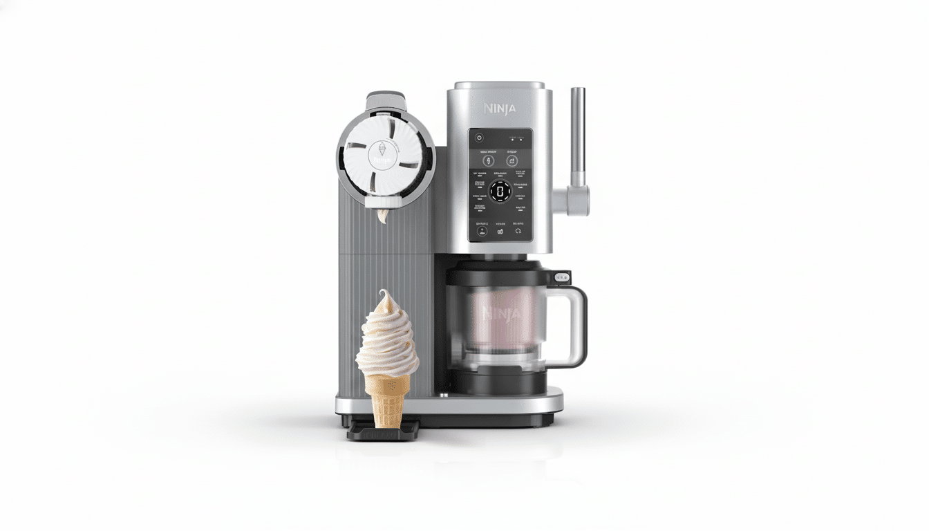 A Ninja Creami Deluxe ice cream maker in silver and black, with a soft-serve ice cream cone in front of it, on a white background.