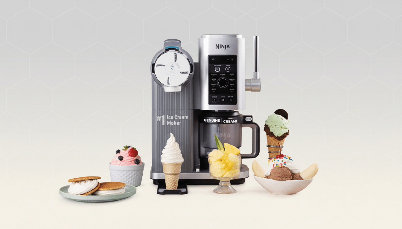 A Ninja Creami ice cream maker with various ice cream treats, including soft serve, a sundae, and ice cream sandwiches, on a professional flat design background with soft patterns.