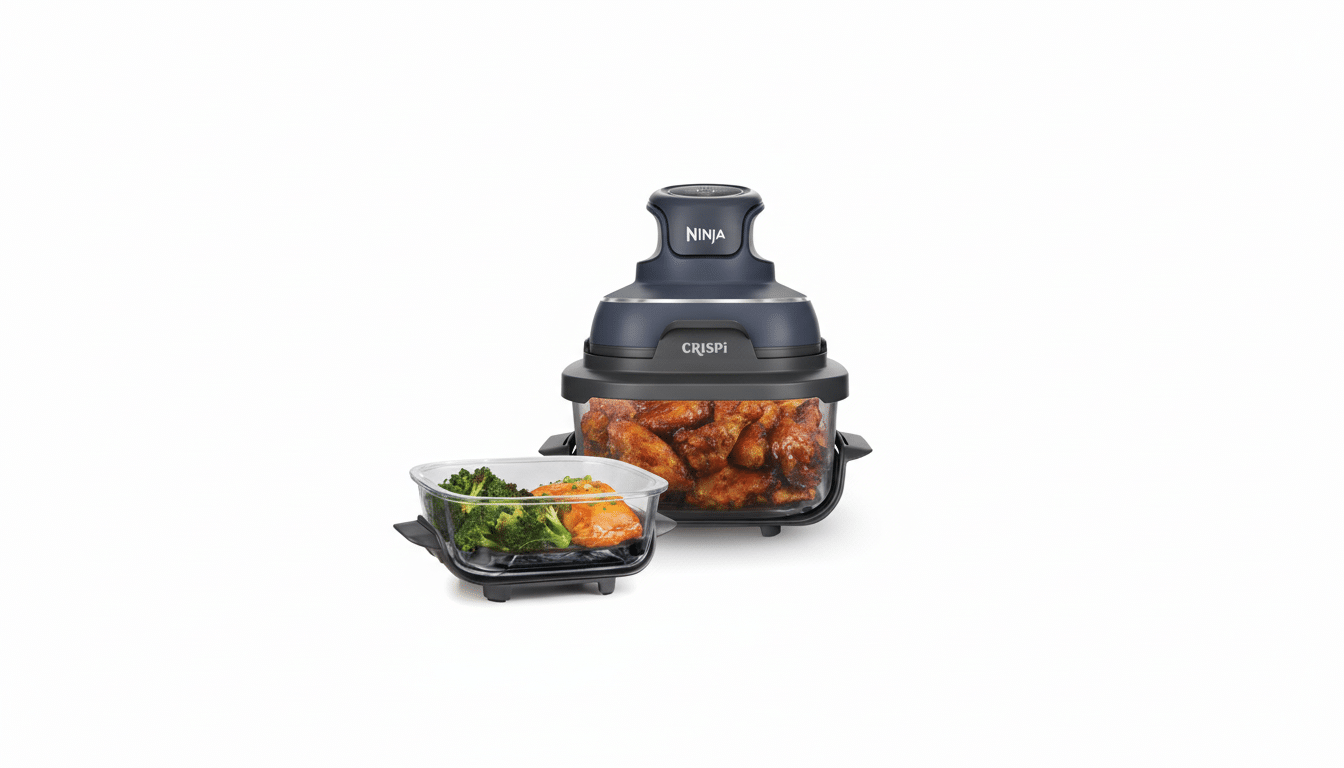 A Ninja Crispi air fryer with a container of chicken wings and a separate container of salmon and broccoli.