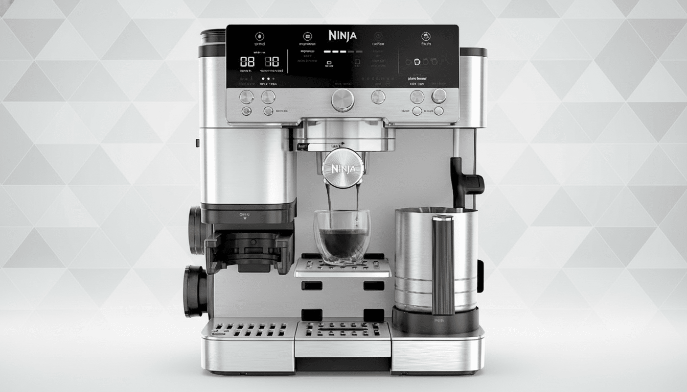 A Ninja coffee maker brewing espresso into a clear glass, set against a professional flat design background with soft geometric patterns.
