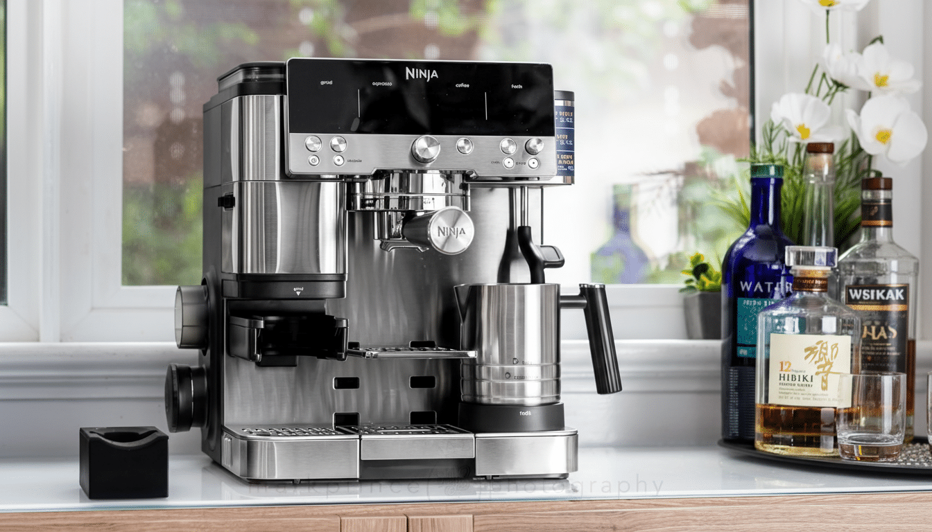 A Ninja coffee maker on a counter with a window in the background, resized to a 16:9 aspect ratio and professionally enhanced.