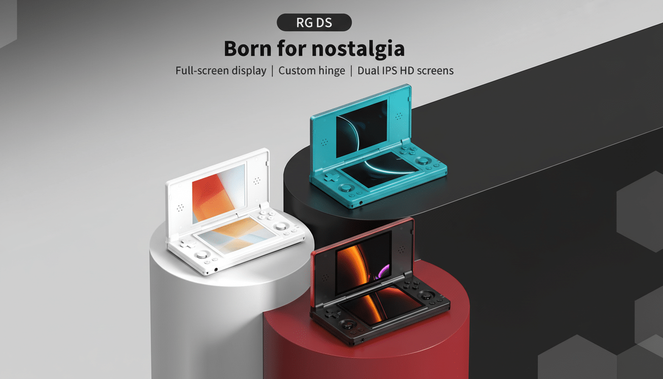 A professional image of three RG DS handheld gaming consoles in white, teal, and black, displayed on cylindrical pedestals against a clean, dark gray background with subtle geometric patterns. The consoles are open, showcasing their dual screens with vibrant displays. The top of the image features the text RG DS Born for nostalgia and Full-screen display | Custom hinge | Dual IPS HD screens.