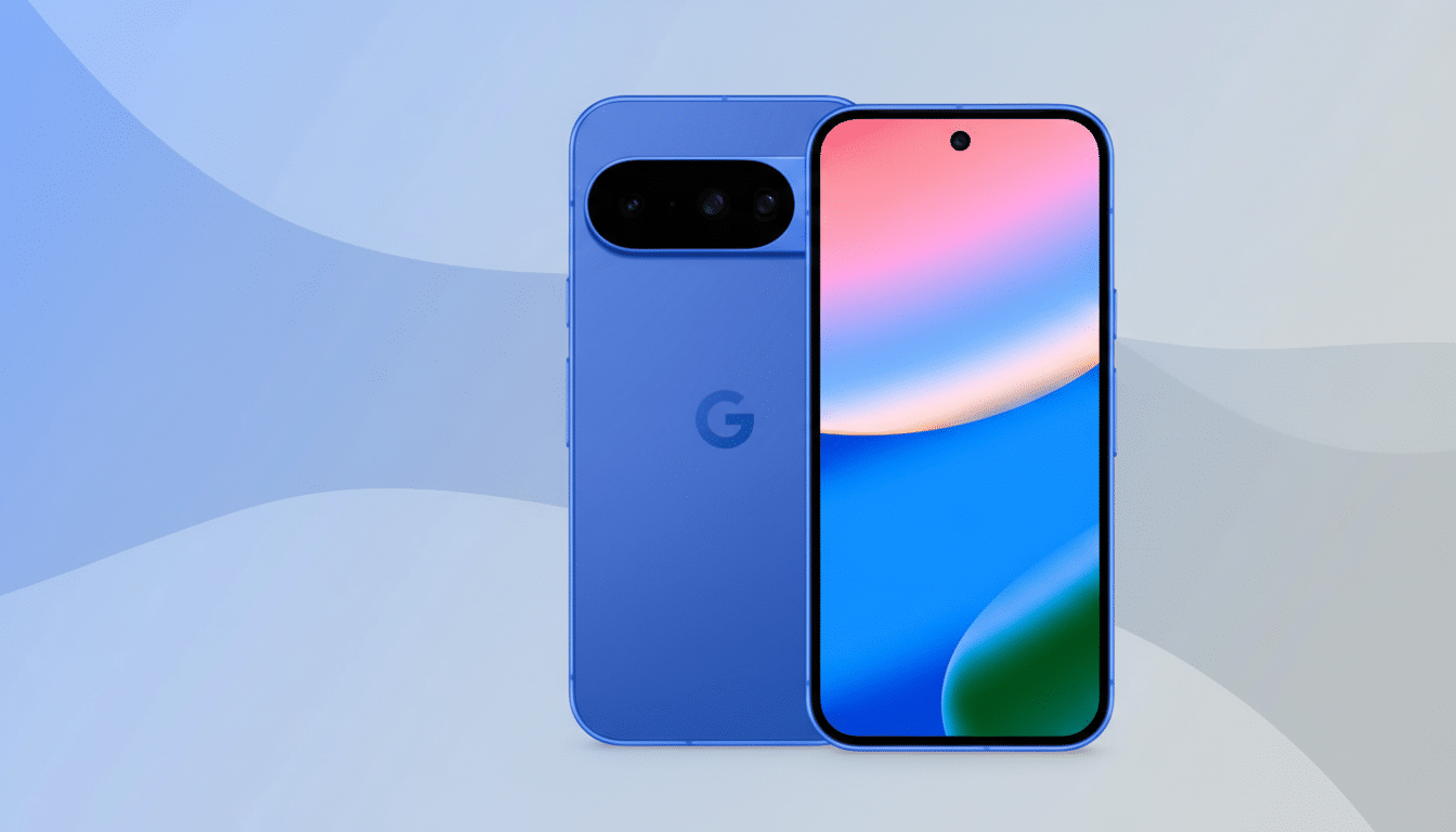 A blue Google Pixel smartphone, shown from the front and back, against a professional flat design background with soft blue and grey patterns.