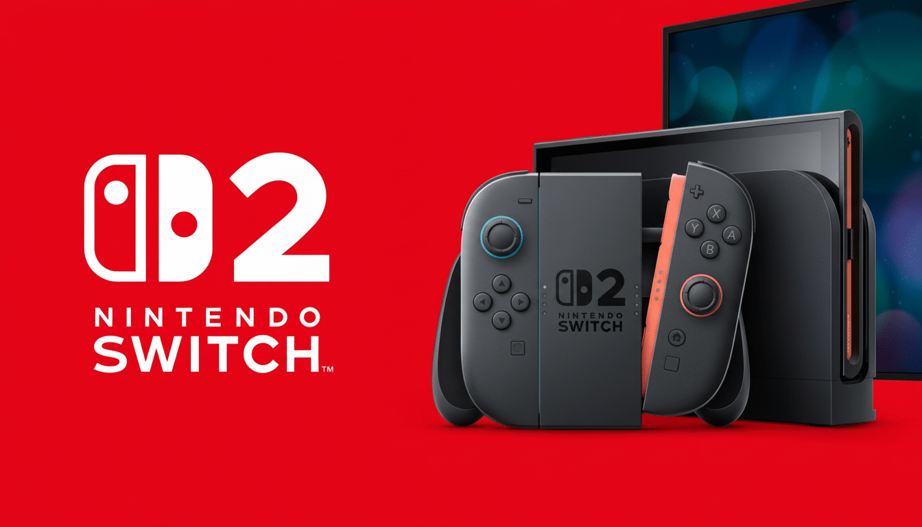 A Nintendo Switch console with Nintendo Switch 2 branding, set against a vibrant red background.