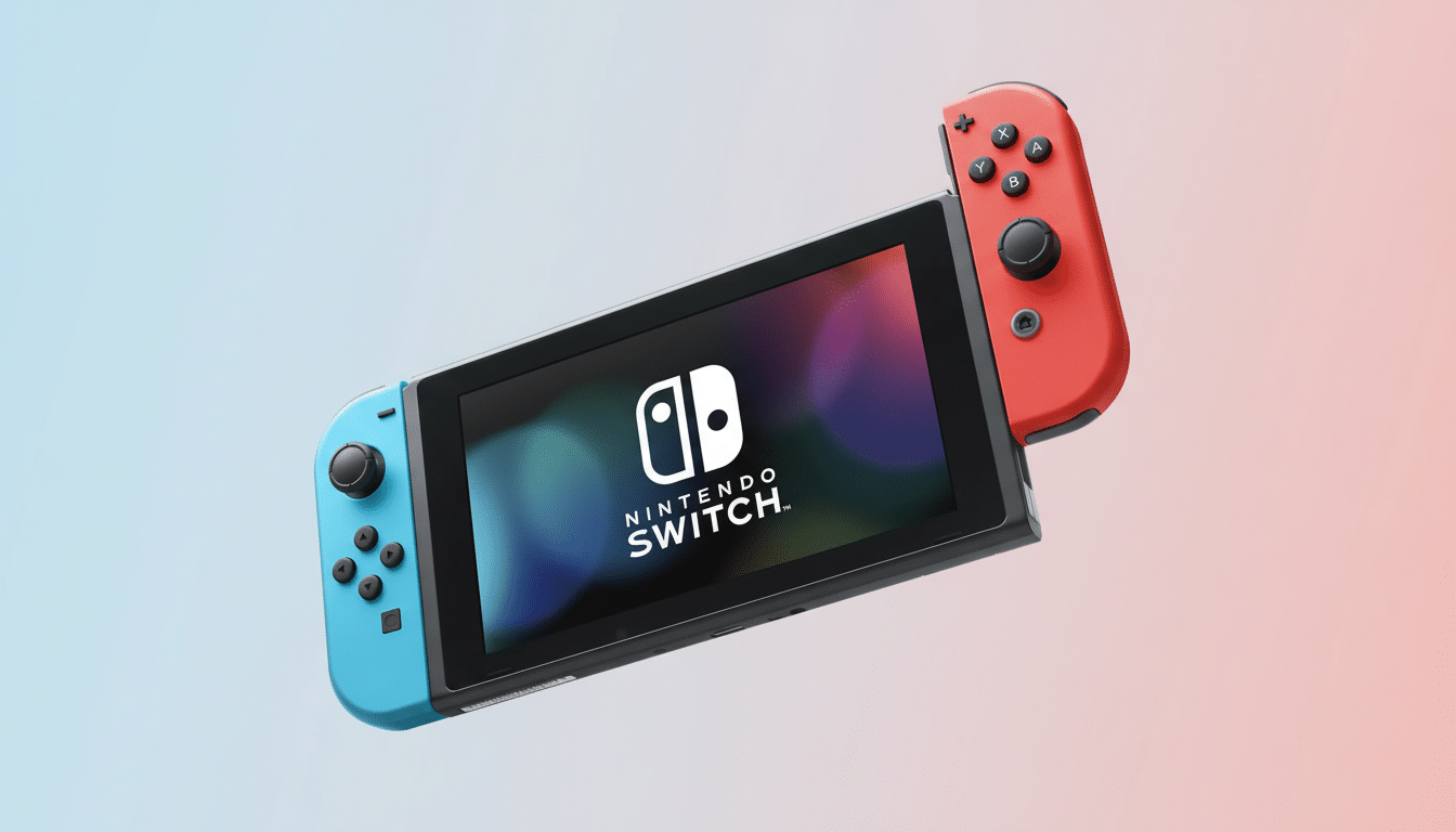 A Nintendo Switch console with blue and red Joy-Cons, set against a professional flat design background with a soft blue and red gradient.