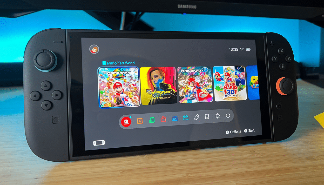 A Nintendo Switch console displaying the home screen with several game icons, including Mario Kart World, Cyberpunk 2077, and Super Mario 3D All-Stars.