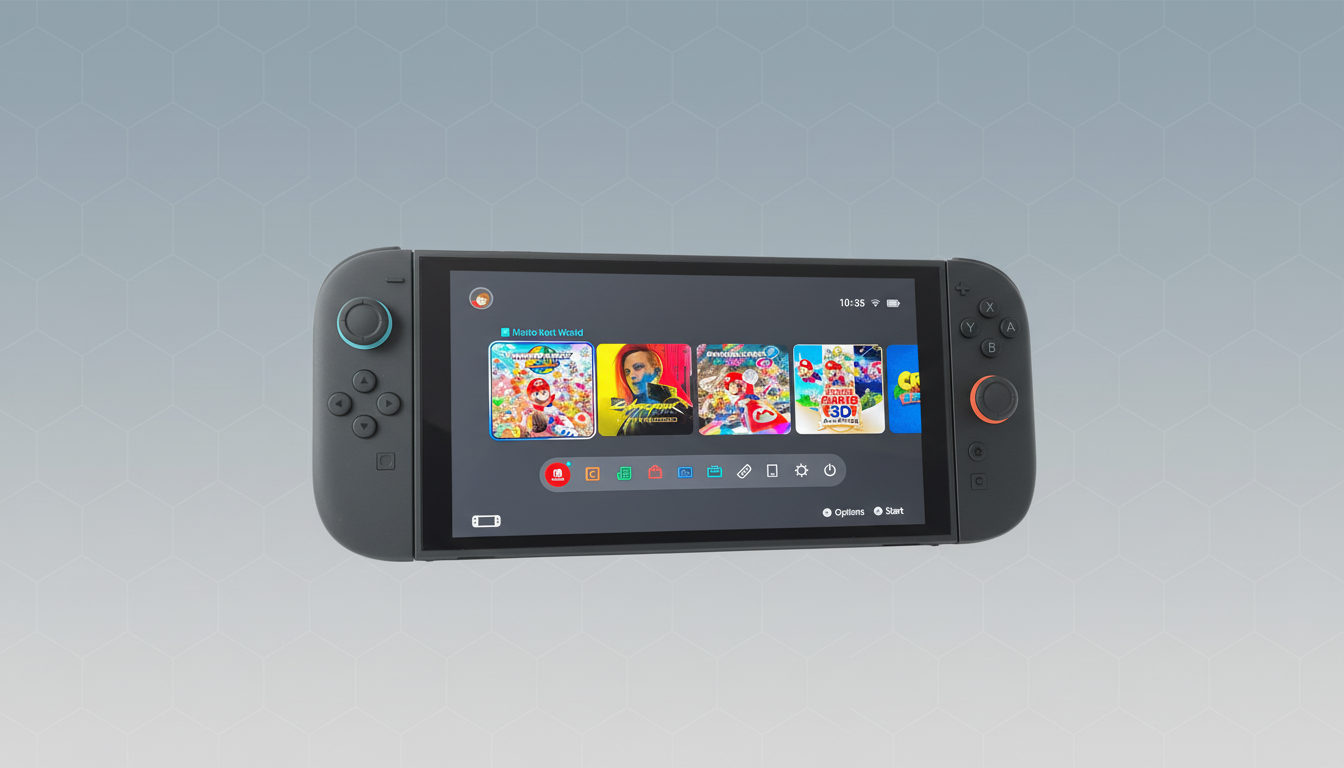 A Nintendo Switch console displaying the home screen with various game icons, set against a professional flat design background with soft patterns.