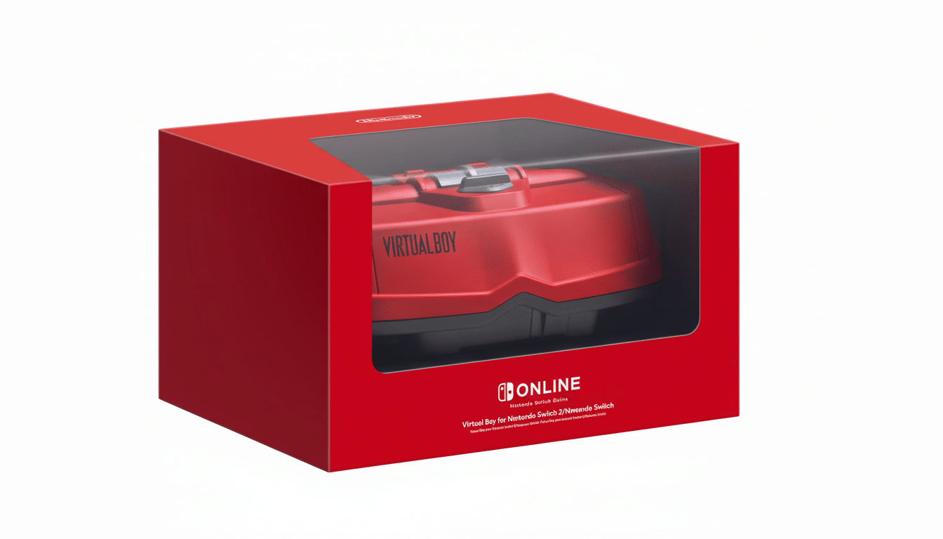 A red Nintendo Virtual Boy console in its original red and black packaging, presented on a clean white background.