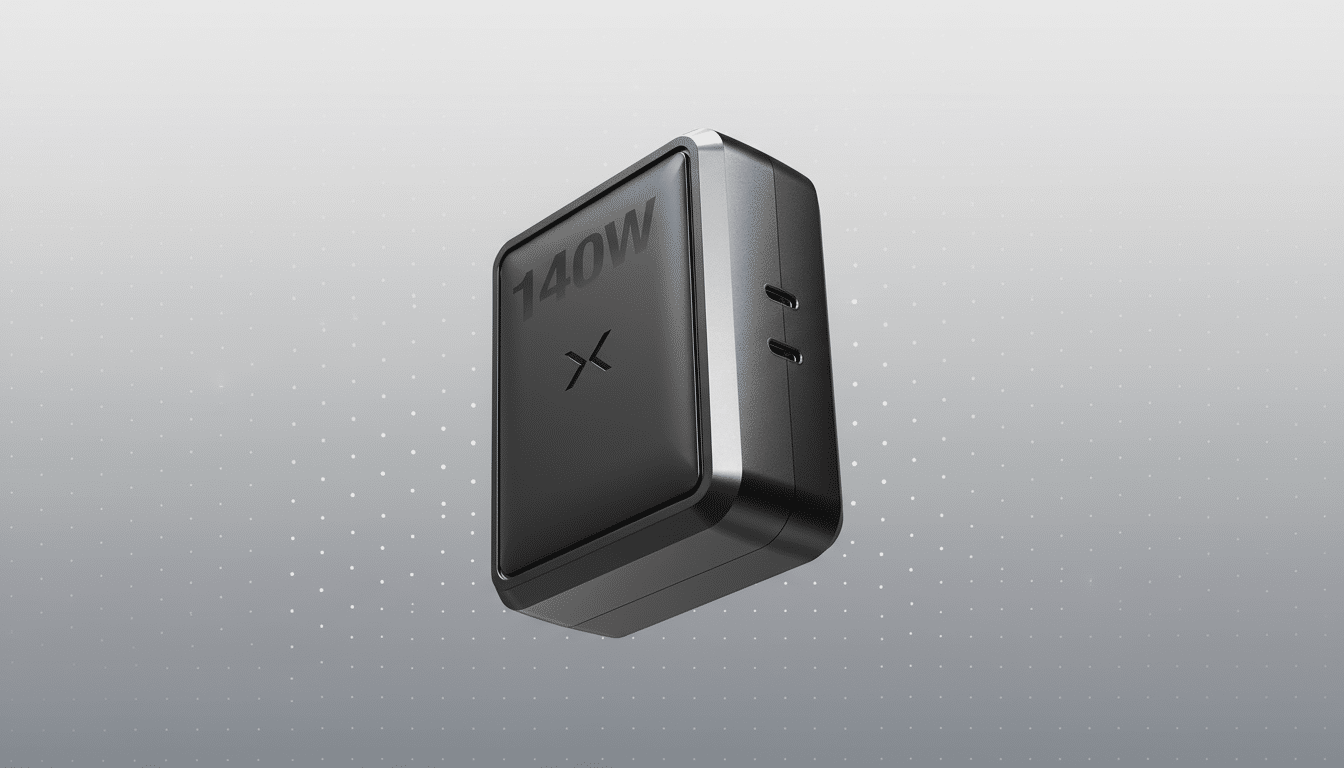 A black 140W power adapter with a subtle X logo, presented on a professional flat design background with soft patterns and gradients.