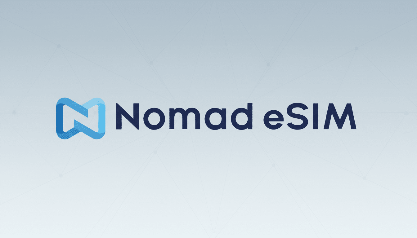 The Nomad eSIM logo, featuring a blue stylized N icon next to the text Nomad eSIM, presented on a professional light grey background with subtle geometric patterns.