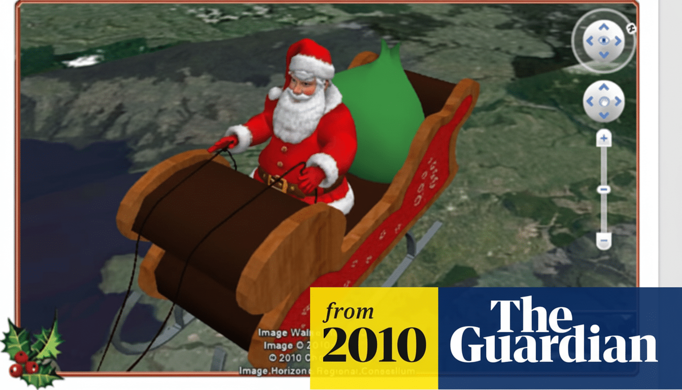 A 16:9 aspect ratio image of Santa Claus in his sleigh, with a green sack, flying over a landscape, as seen on a screen with navigation controls. The bottom right corner features a from 2010 The Guardian watermark.