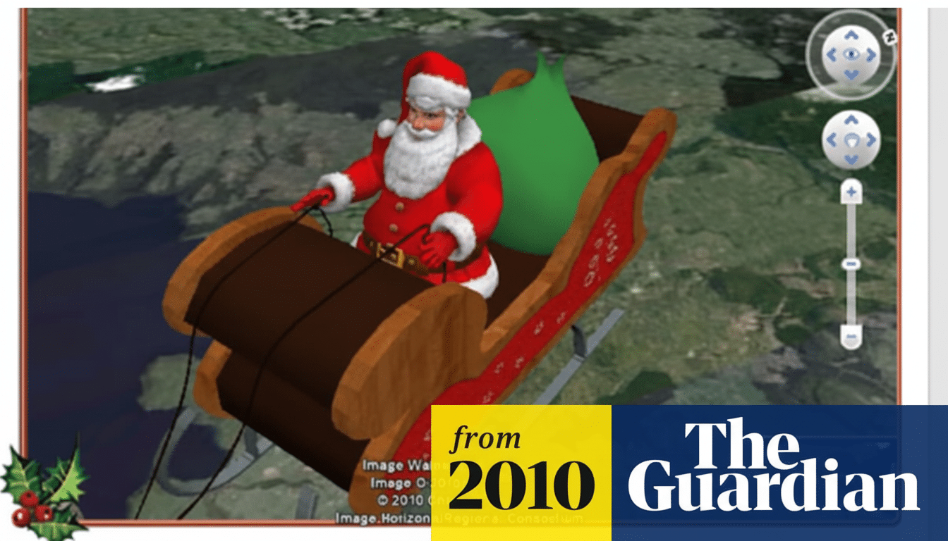 A 16:9 aspect ratio image of Santa Claus in a sleigh with a green sack, flying over a landscape, with from 2010 The Guardian watermark.
