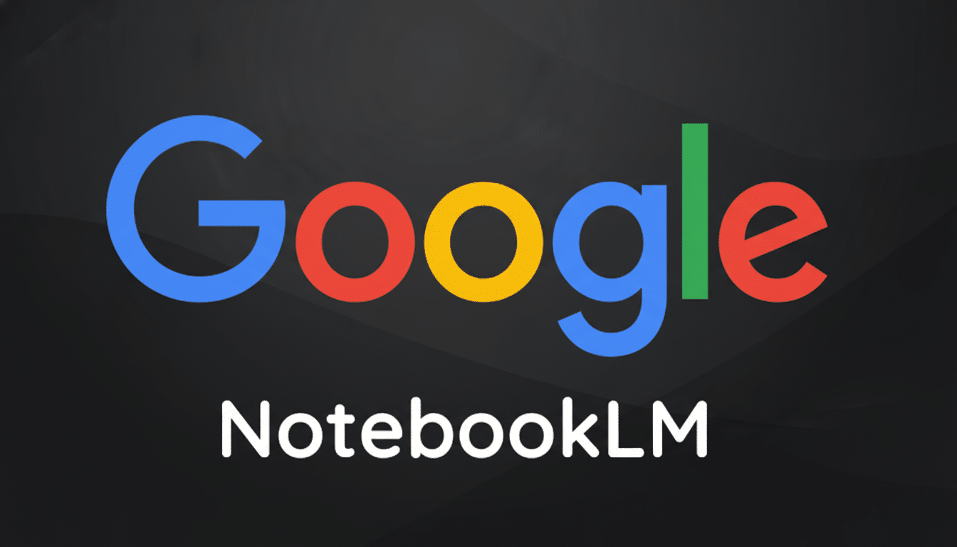 The Google logo in its characteristic blue, red, yellow, and green colors, with NotebookLM in white text below it, all set against a dark gray background with subtle, soft patterns.